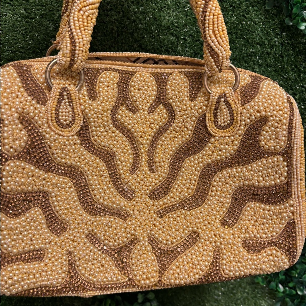 Handmade Beaded Handbag in Gold and Brown